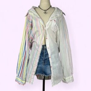 Vintage Y2K PINK Striped Oversized Button Up Long Sleeve Shirt Womens L Preppy